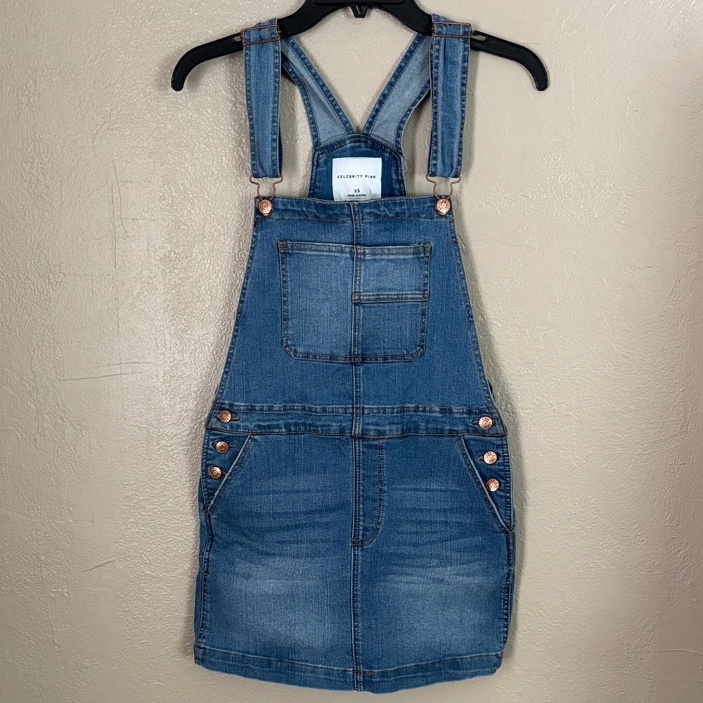 Celebrity Pink Blue Denim Jean Skirtall Overall Dress Women’s Size XS